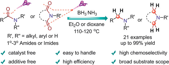 Image for article: Additive- and Catalyst-free Deoxygenative Reduction of Amides and Imides to Amines with Ammonia Borane